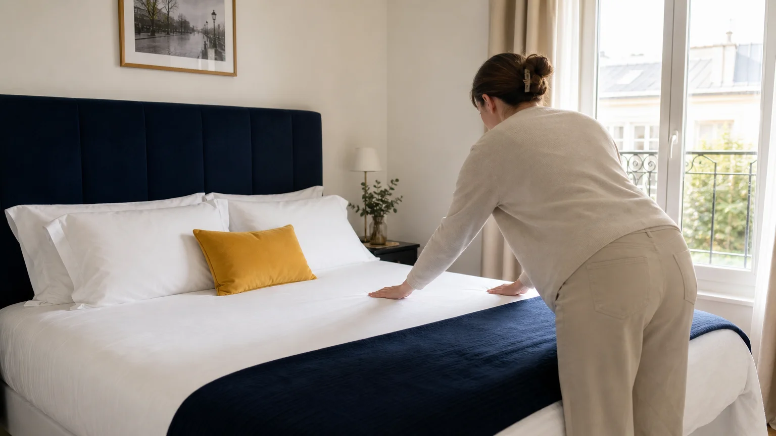Lit fait avec draps blancs propres dans un meublé de tourisme francilien