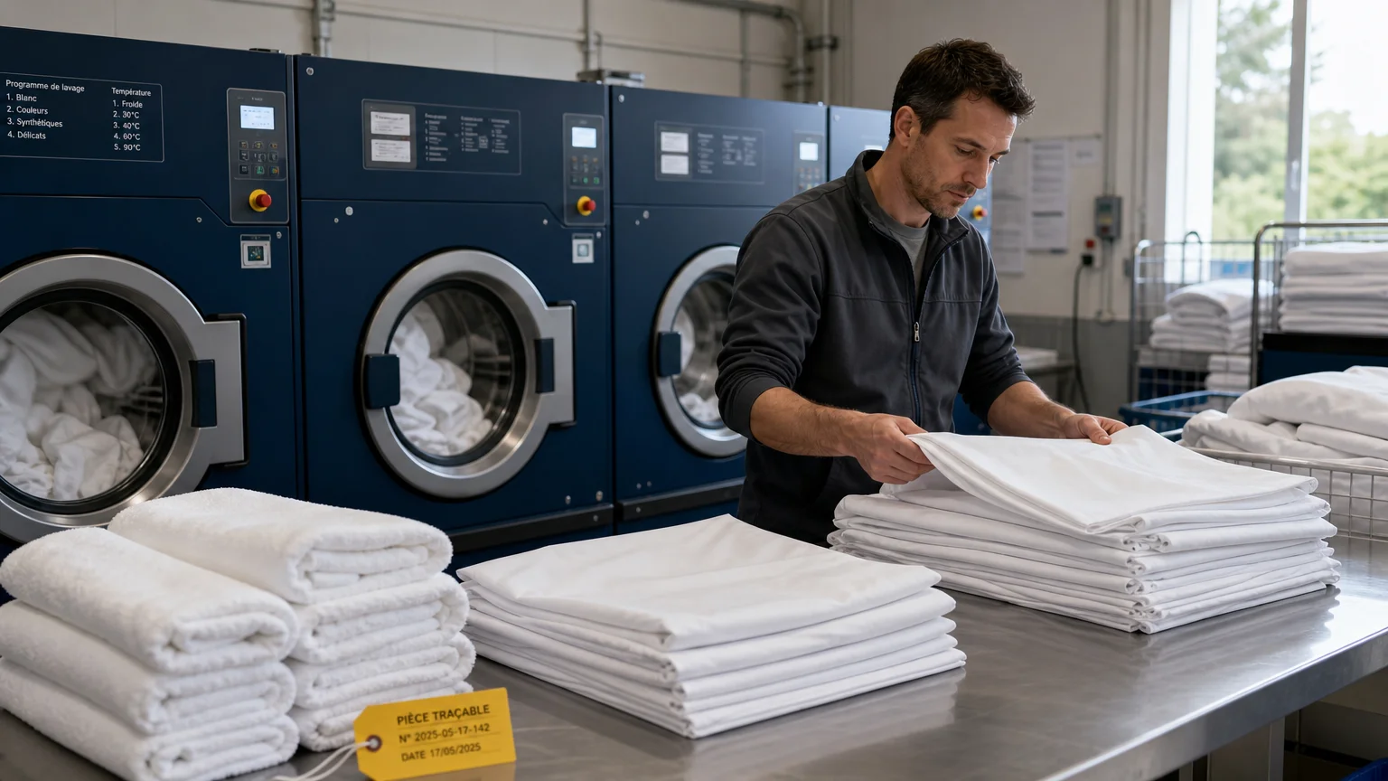 Atelier de blanchisserie professionnelle avec machines industrielles et draps pliés