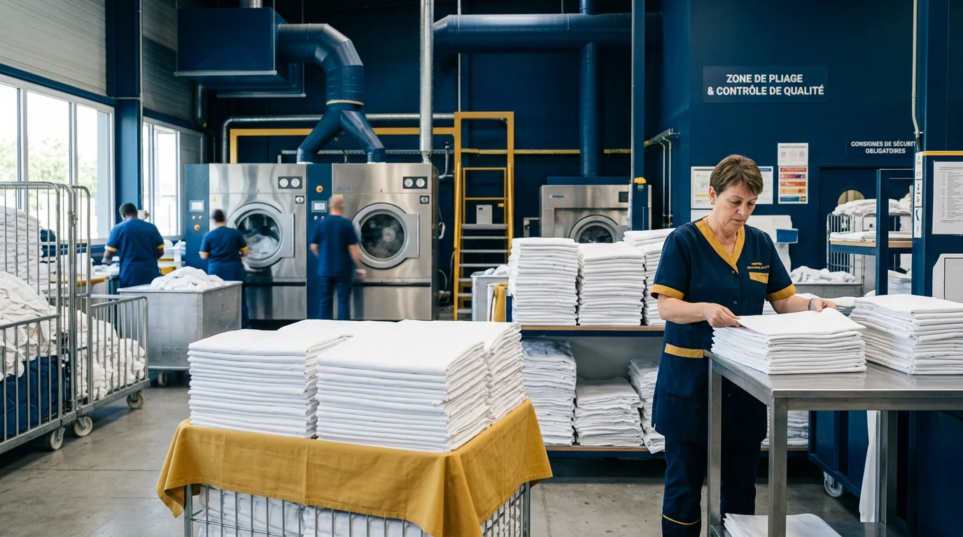 Atelier de blanchisserie professionnelle avec draps blancs pliés et machines industrielles