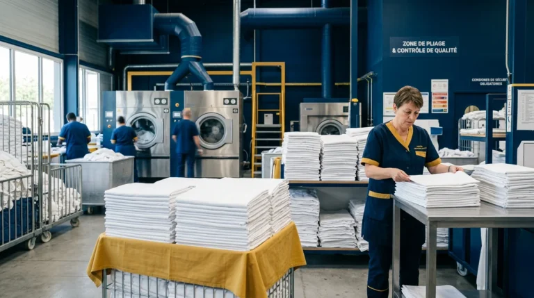 Atelier de blanchisserie professionnelle en Île-de-France avec draps blancs pliés et machines industrielles