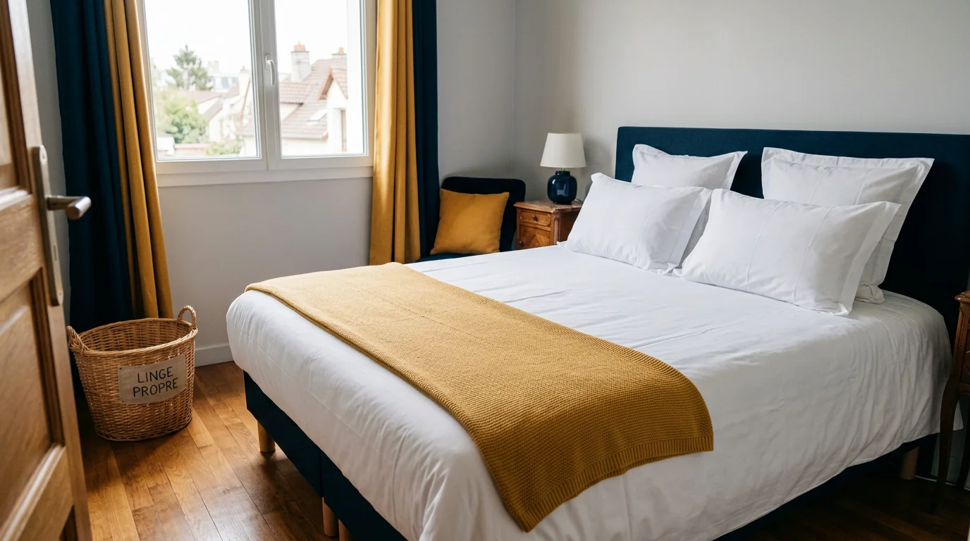 Lit fait avec du linge blanc dans un meublé de tourisme et bac de collecte