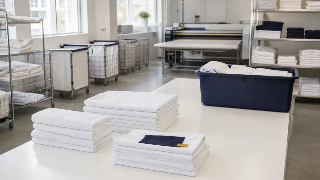 Draps blancs pliés dans un atelier de blanchisserie professionnelle