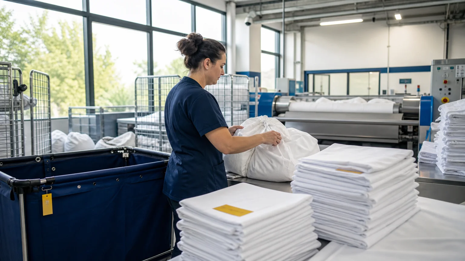 Contrôle de sacs de linge dans un atelier professionnel en Île-de-France
