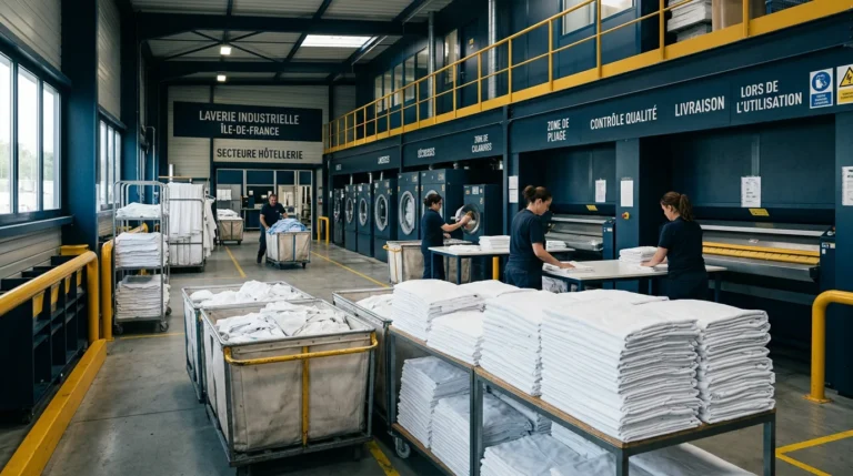 Atelier de blanchisserie professionnelle avec piles de draps blancs en Île-de-France