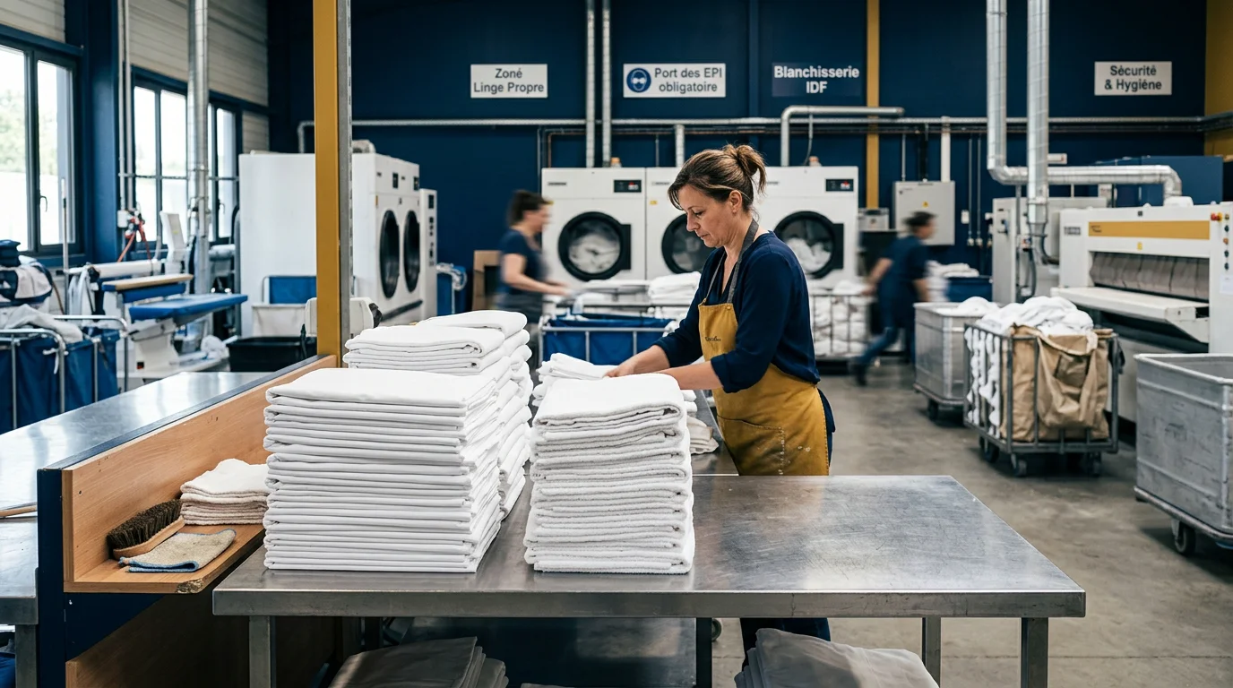 Draps blancs pliés dans un atelier de blanchisserie professionnelle en Île-de-France