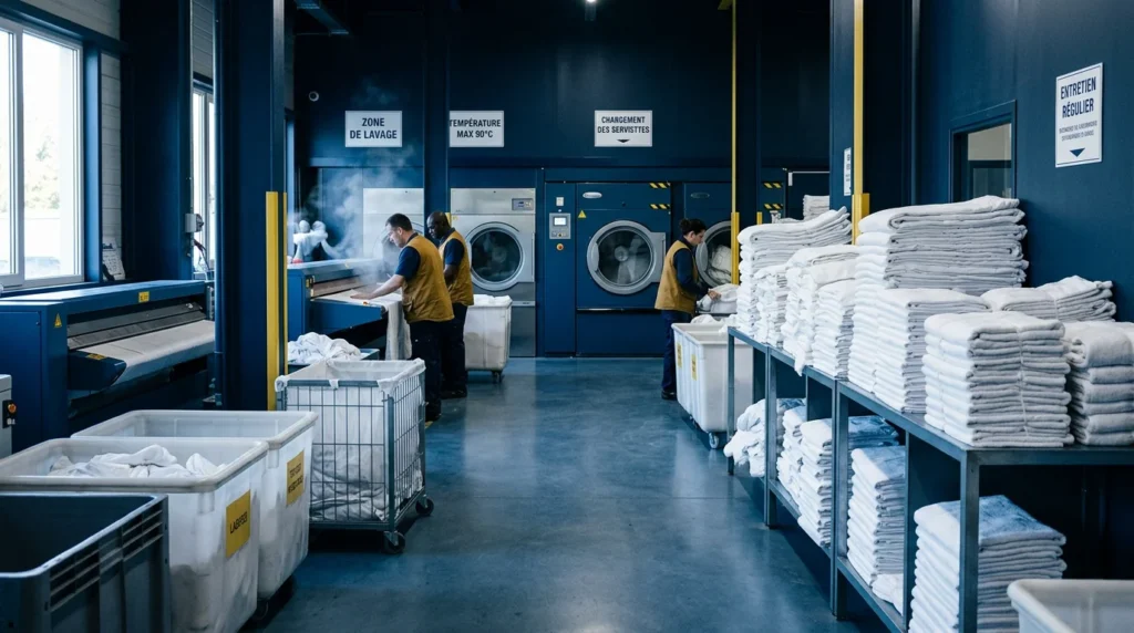 Atelier de blanchisserie professionnelle avec piles de draps blancs en Île-de-France