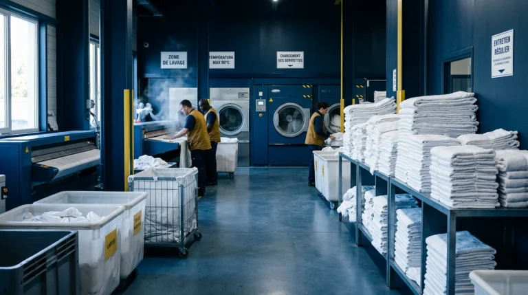 Atelier de blanchisserie professionnelle avec piles de draps blancs en Île-de-France
