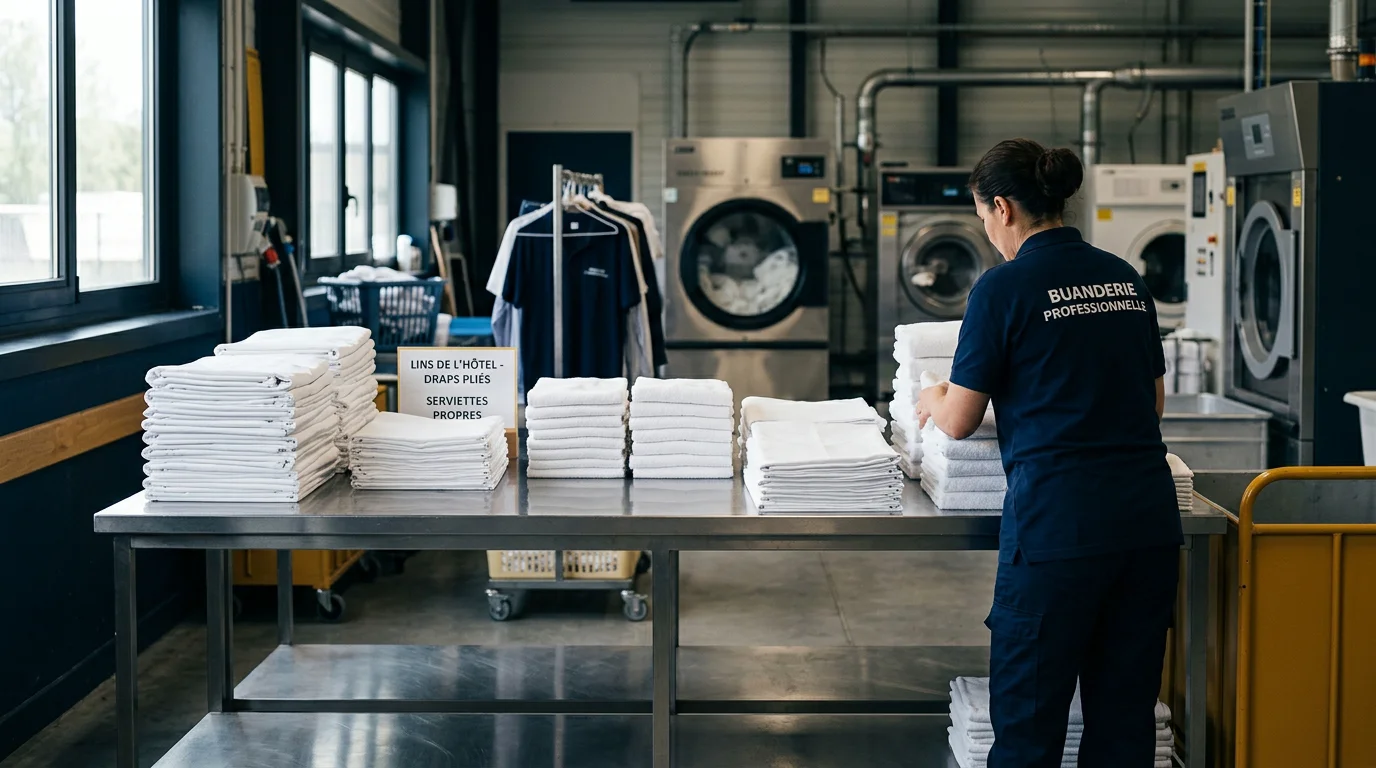 Draps blancs pliés dans un atelier de blanchisserie professionnelle en Île-de-France