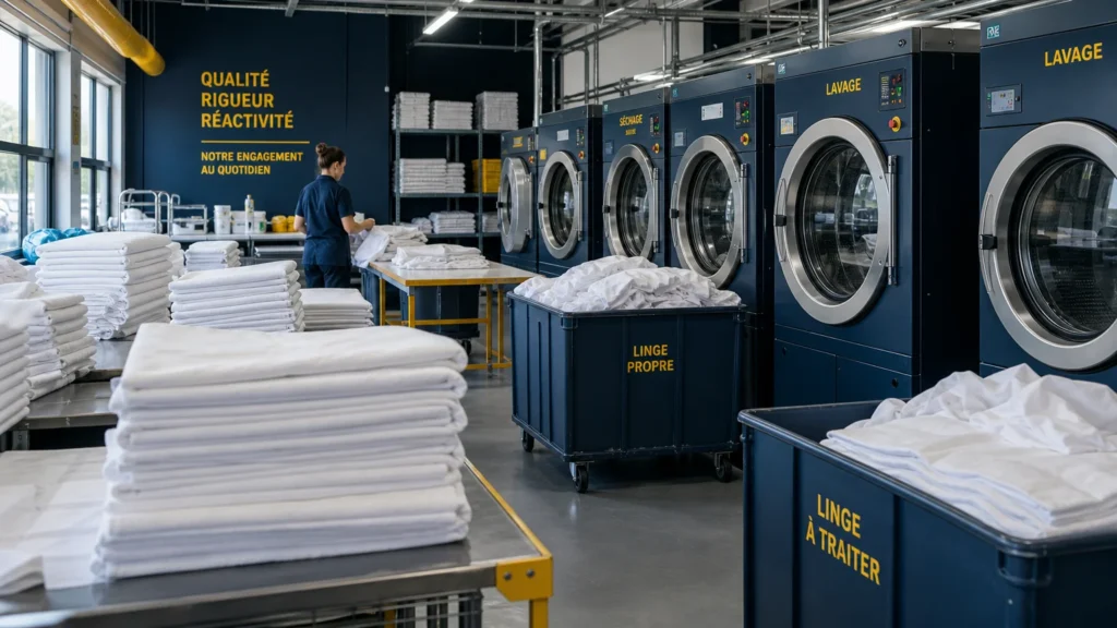 Atelier de blanchisserie professionnelle avec machines industrielles et piles de draps blancs