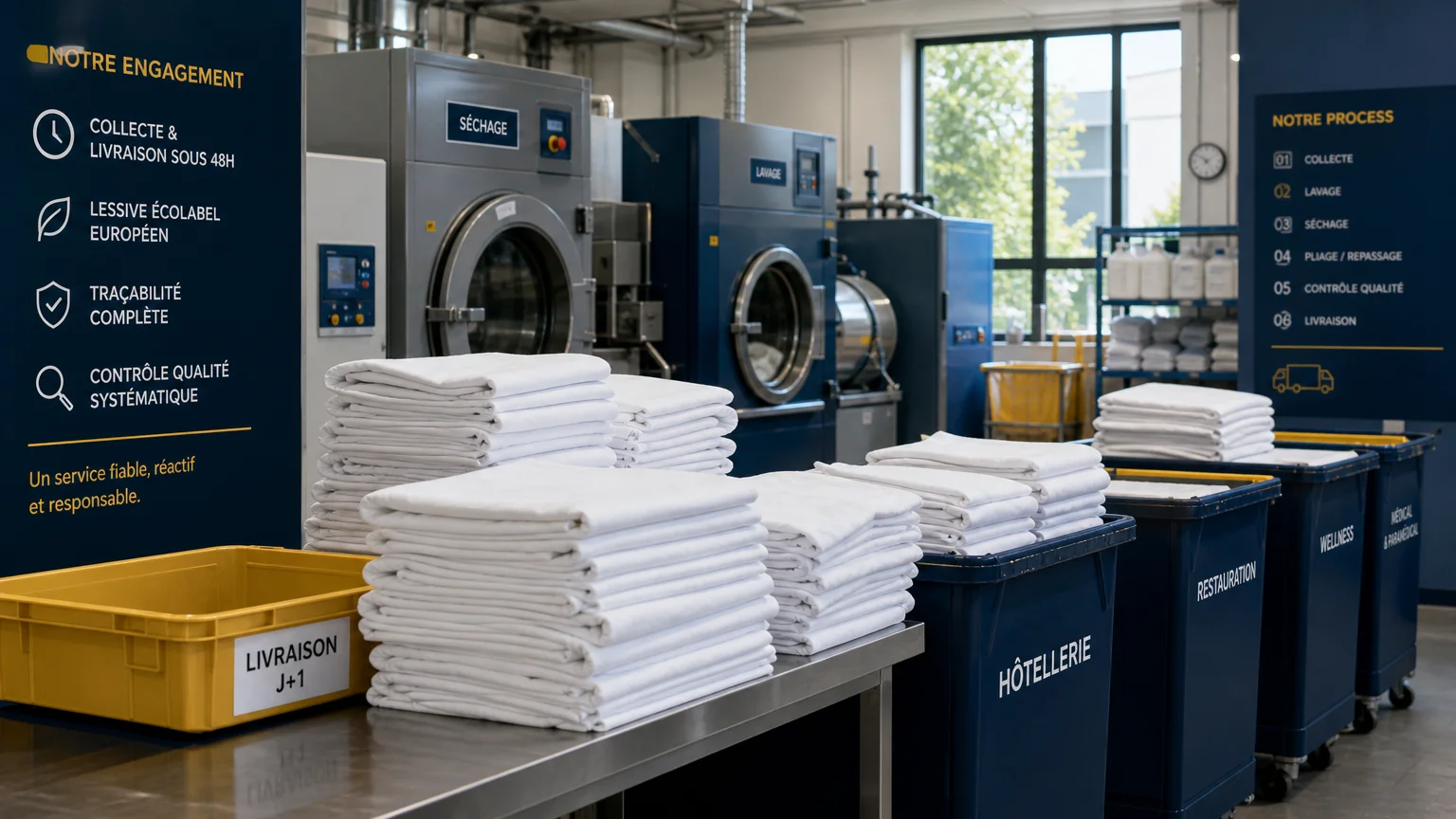 Atelier de blanchisserie professionnelle avec draps blancs pliés et machines industrielles