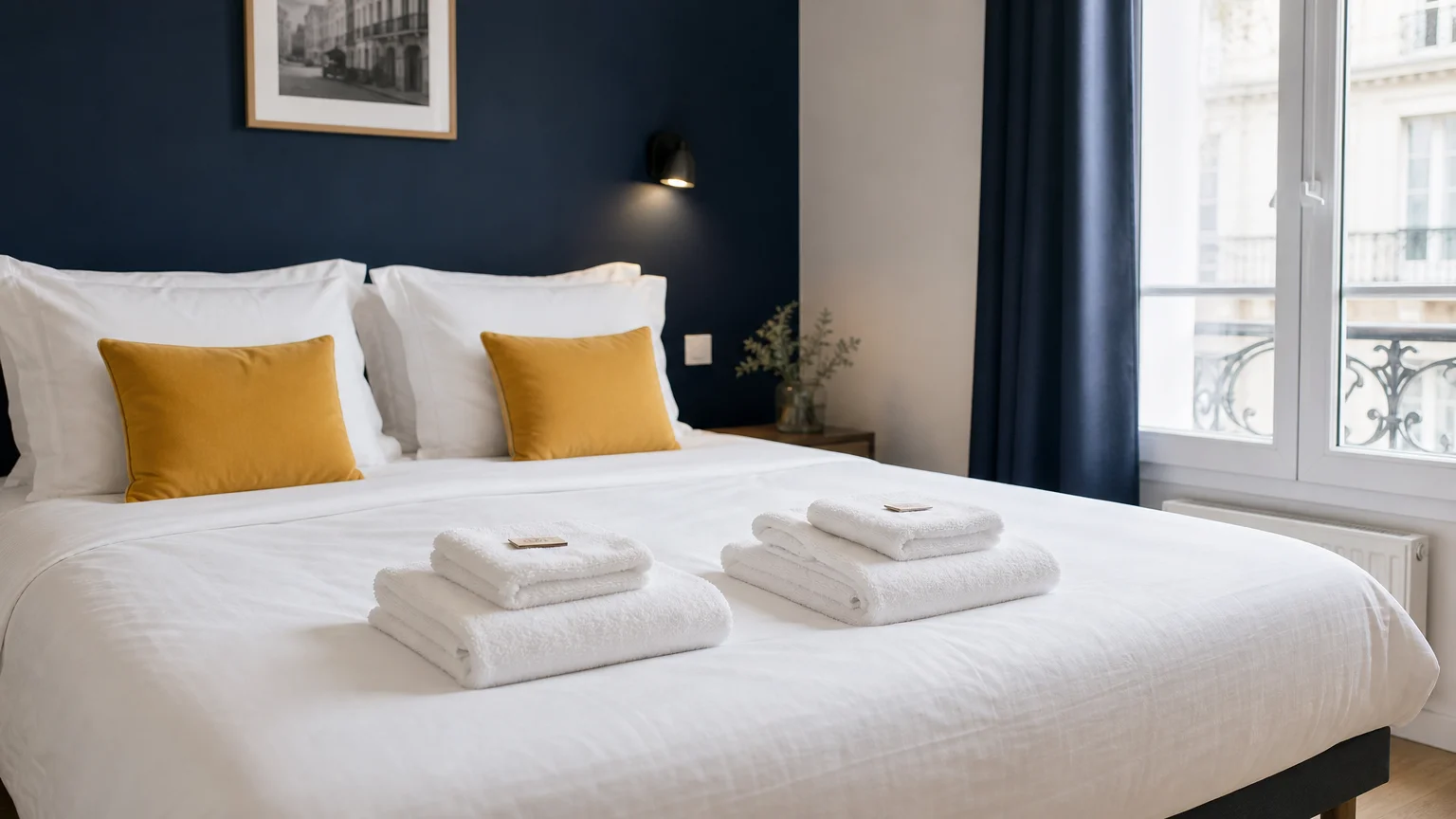 Lit fait avec draps blancs propres dans un meublé de tourisme