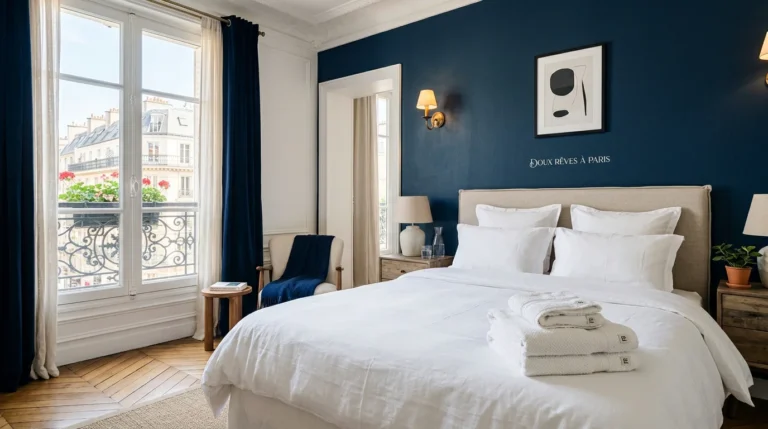 Chambre de location saisonnière avec linge de maison blanc de qualité hôtelière