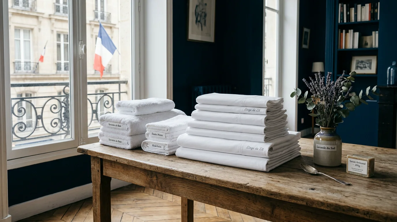 Draps et serviettes blancs pliés dans un appartement lumineux