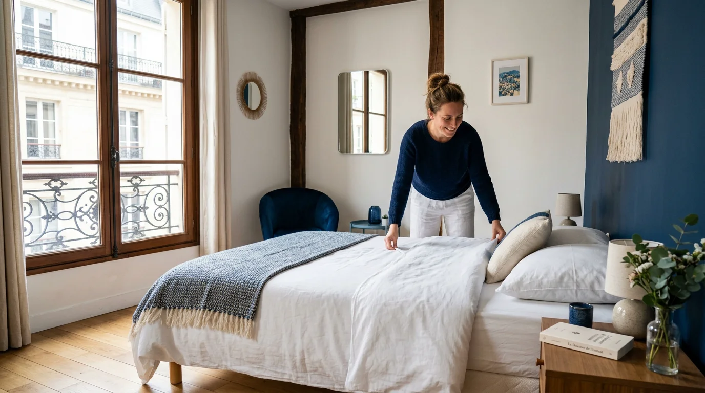 Propriétaire préparant un lit avec du linge propre dans une location