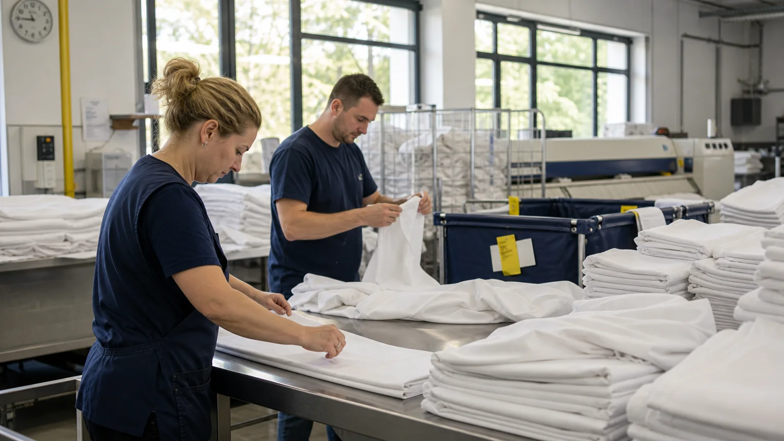Opérateurs contrôlant des draps blancs dans un atelier de blanchisserie professionnelle en Île-de-France