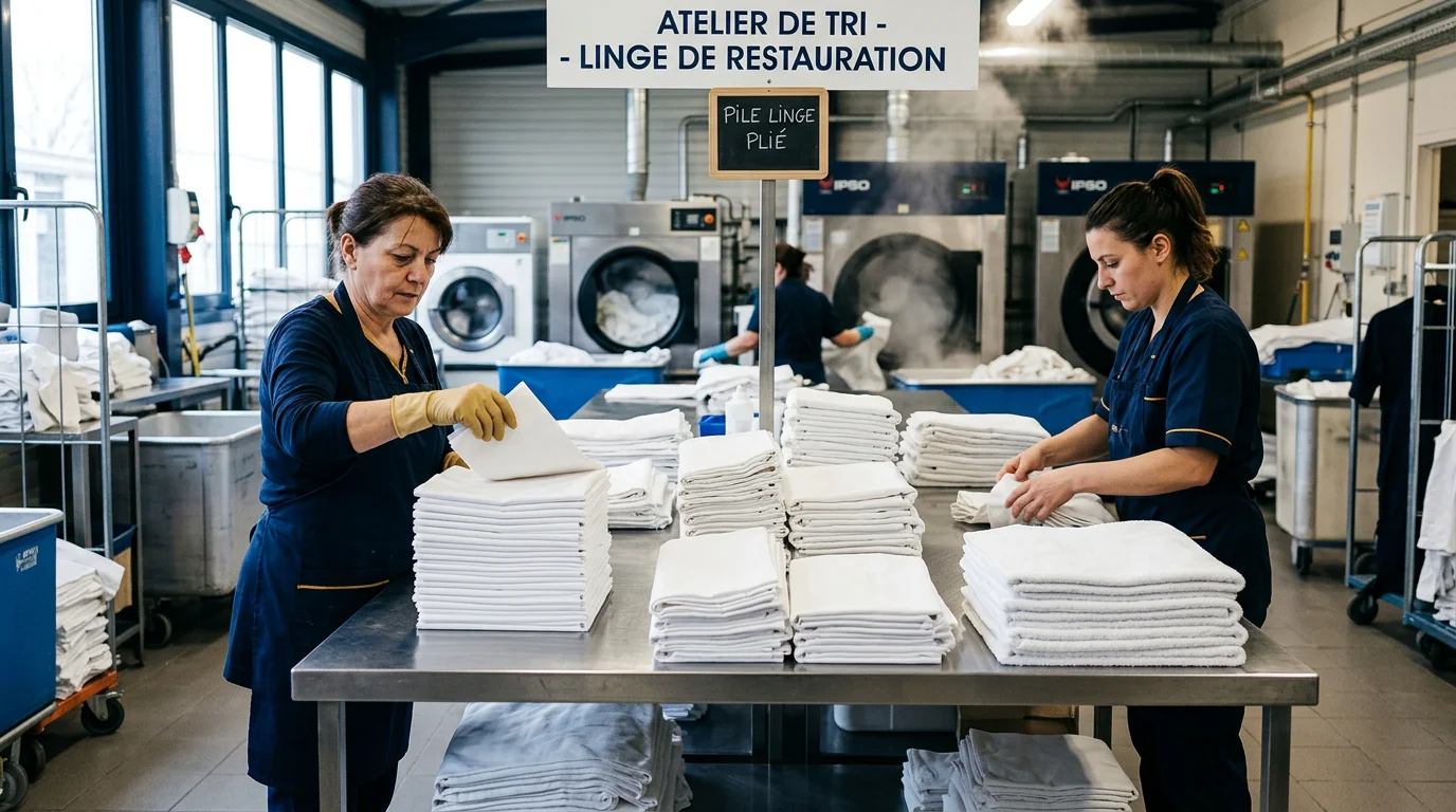 Nappes et serviettes de restaurant pliées dans un atelier de blanchisserie professionnelle