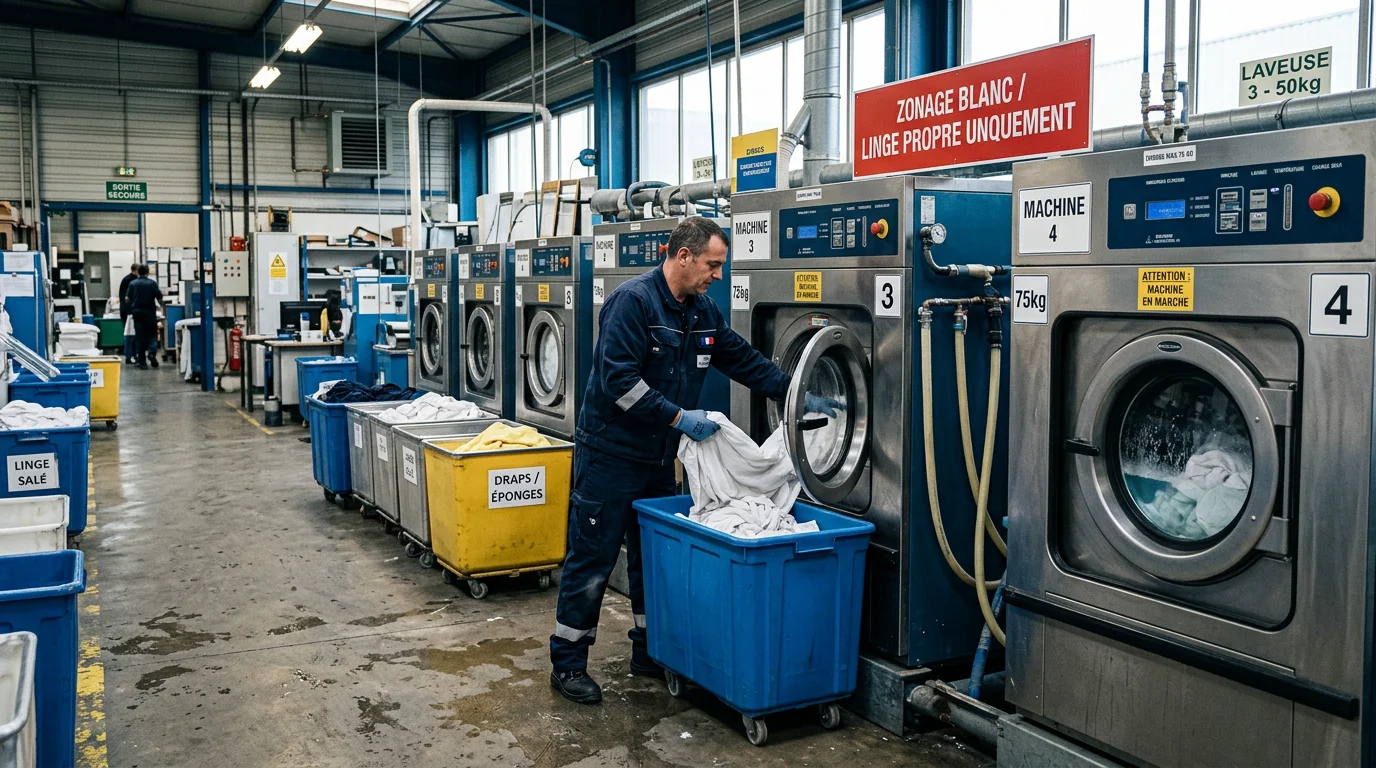 Machines industrielles et bacs de collecte dans une blanchisserie professionnelle francilienne