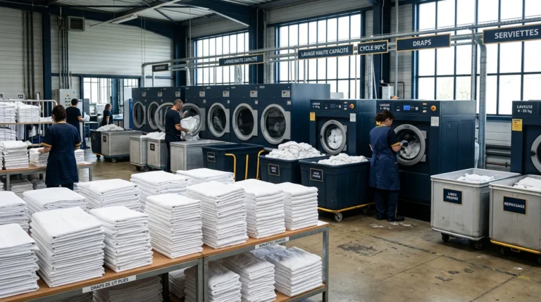 Atelier de blanchisserie professionnelle avec machines industrielles et piles de linge blanc