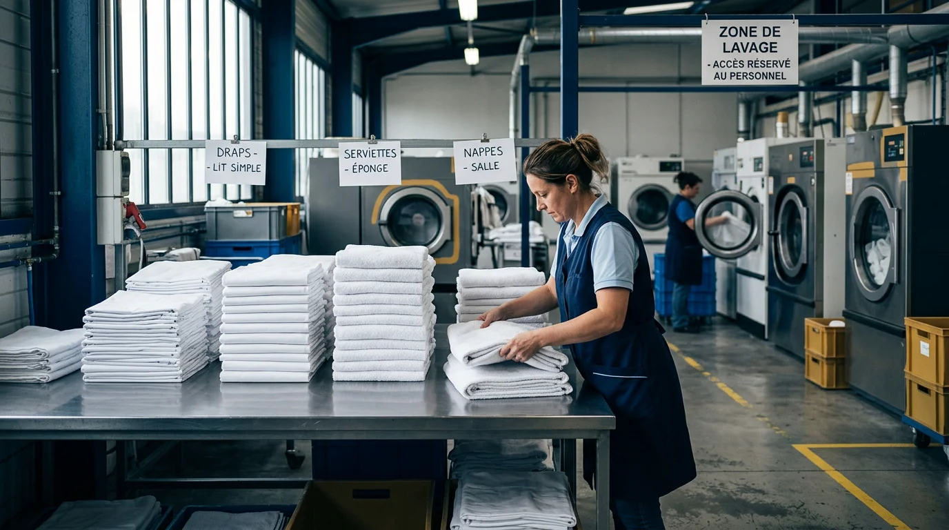 Piles de draps blancs pliés dans un atelier de blanchisserie professionnelle
