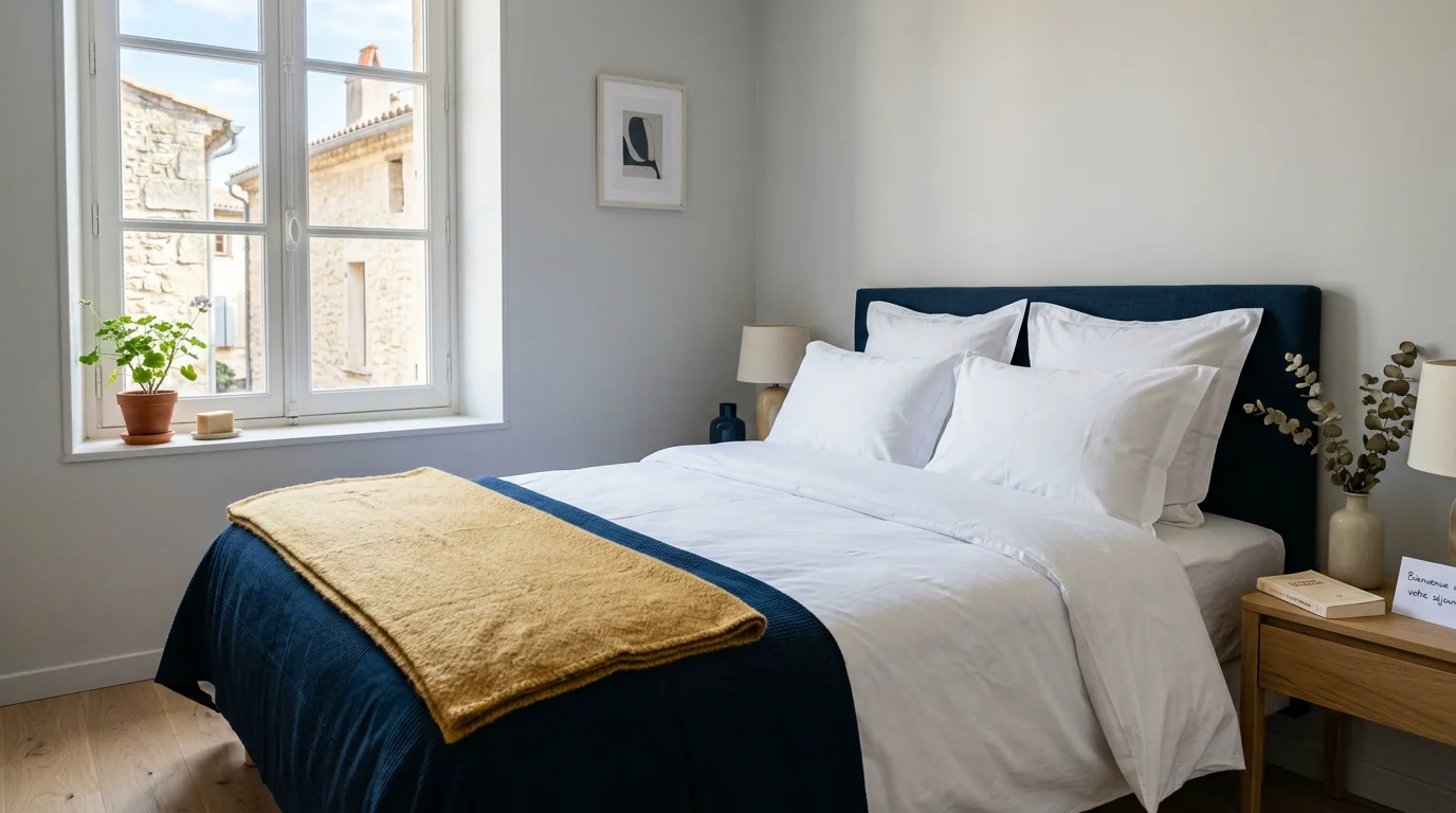 Lit fait avec des draps blancs impeccables dans un meublé de tourisme lumineux