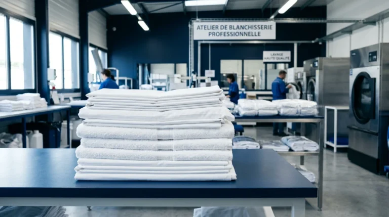Linge blanc professionnel plié dans un atelier de blanchisserie moderne