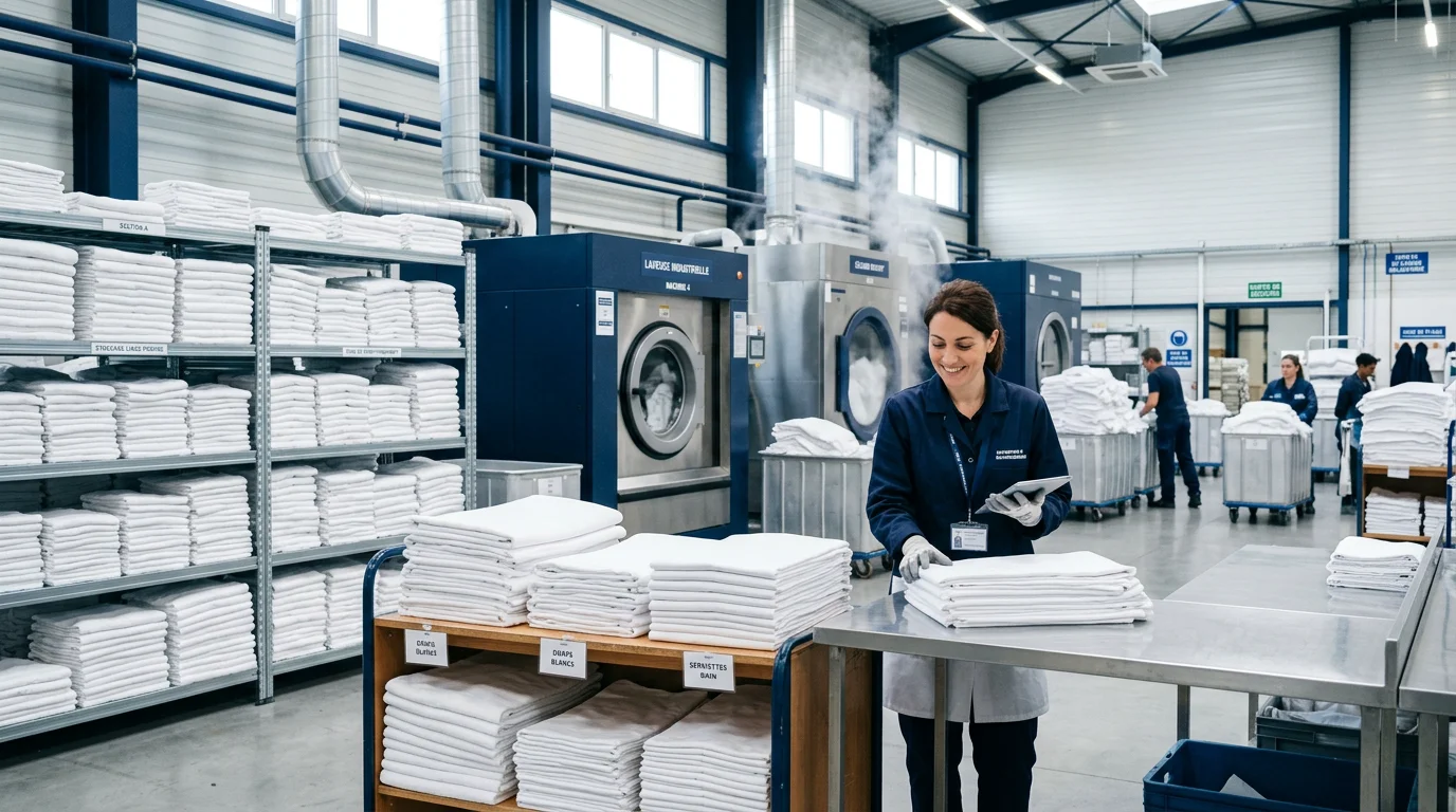 Atelier de blanchisserie professionnelle avec linge blanc plié et machines industrielles