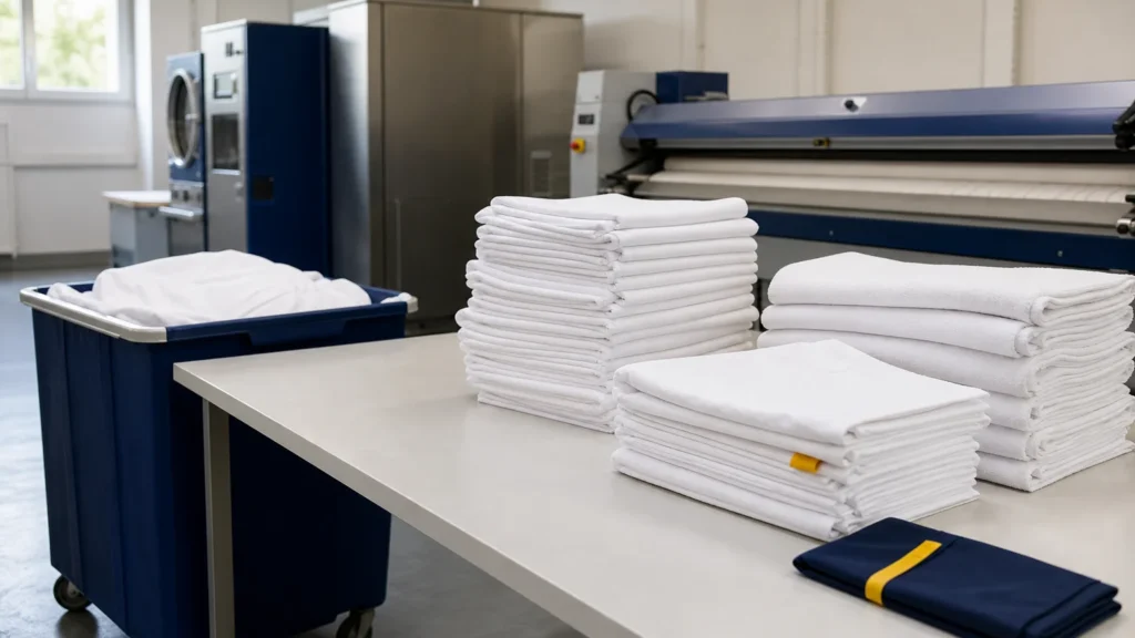 Draps blancs pliés dans un atelier de blanchisserie professionnelle