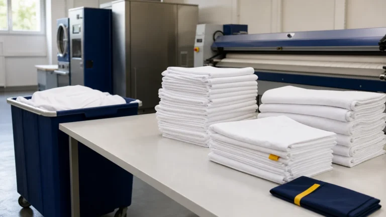 Draps blancs pliés dans un atelier de blanchisserie professionnelle