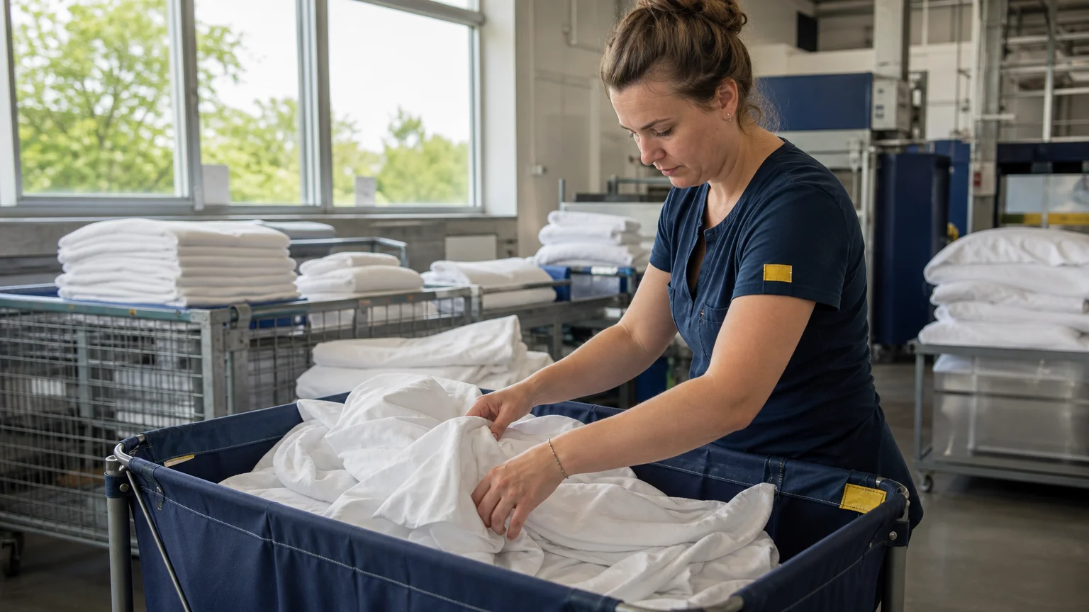 Professionnelle triant du linge de location saisonnière dans un atelier