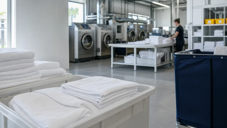 Atelier de blanchisserie professionnelle en Île-de-France avec linge hôtelier plié et machines industrielles