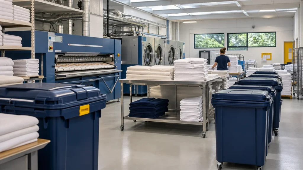 Atelier de blanchisserie professionnelle avec linge hôtelier et machines industrielles en Île-de-France