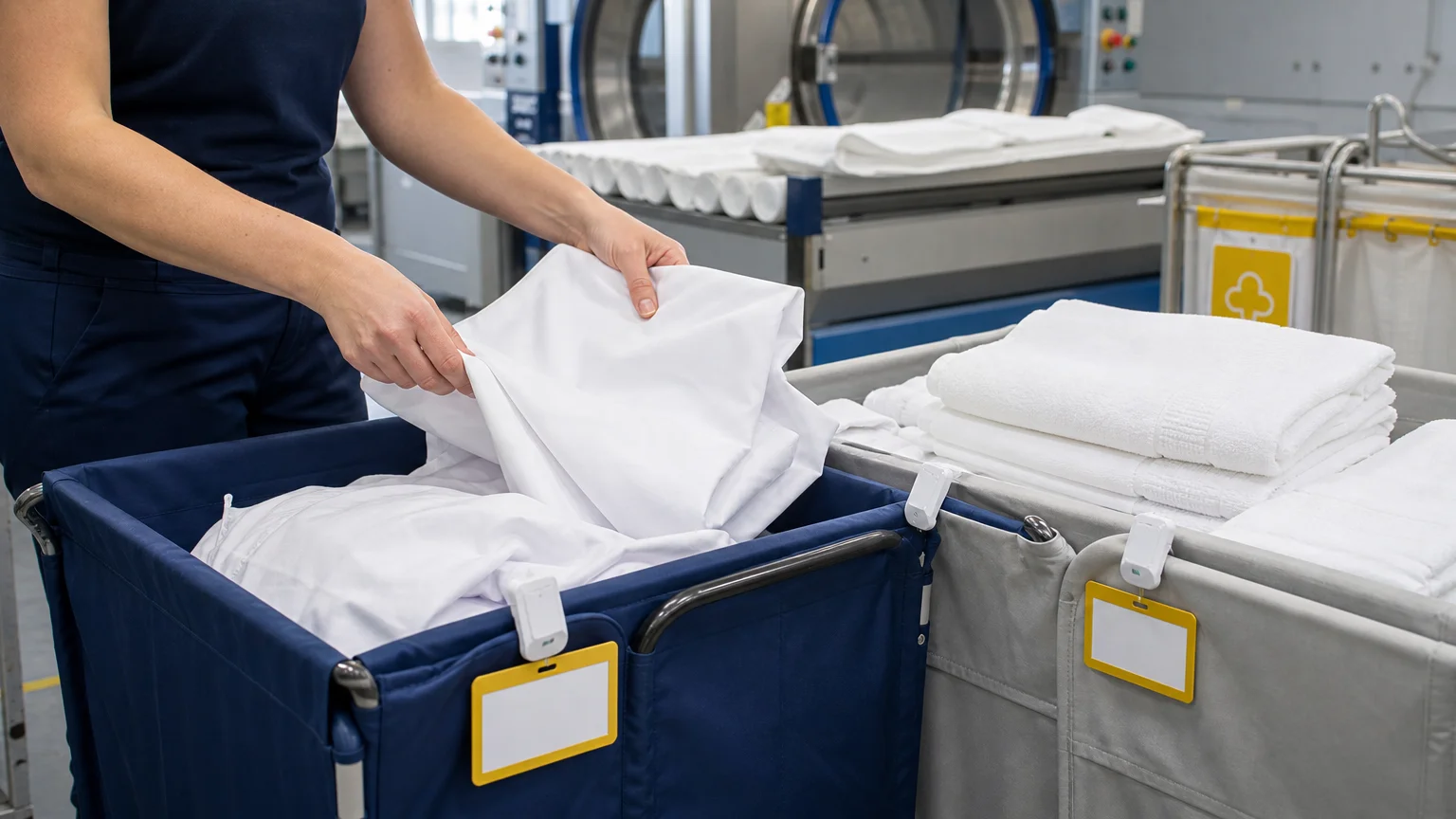 Tri du linge professionnel par lot dans un atelier de blanchisserie en Île-de-France