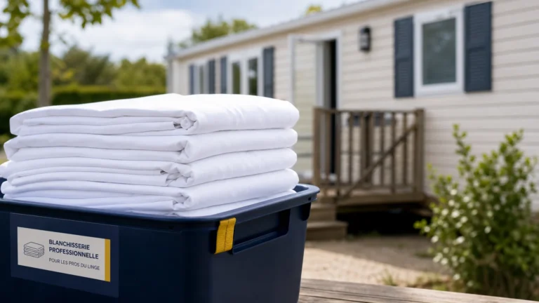 Draps blancs pliés pour un camping et un hébergement saisonnier en Île-de-France