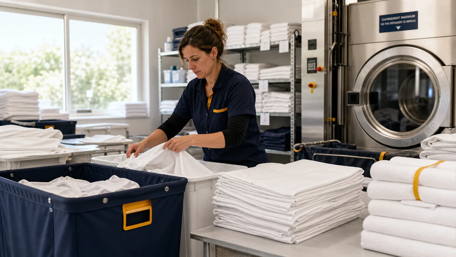 Préparation de linge professionnel dans un atelier pour les rotations d’un camping