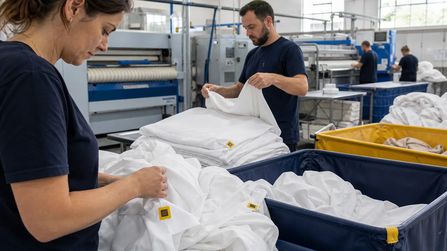 Professionnels contrôlant des piles de linge dans un atelier de blanchisserie