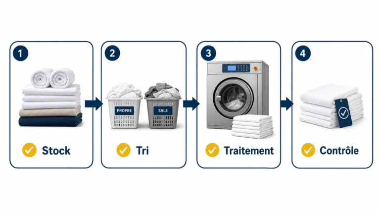 Professionnels contrôlant des piles de linge dans un atelier de blanchisserie
