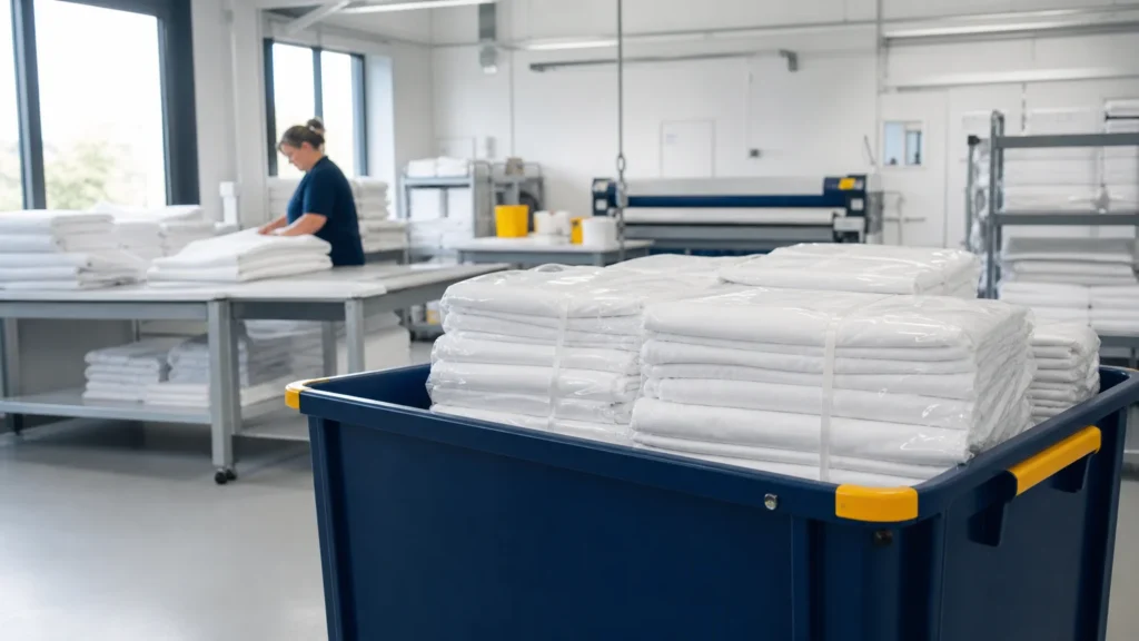 Draps blancs pliés dans un atelier de blanchisserie professionnelle