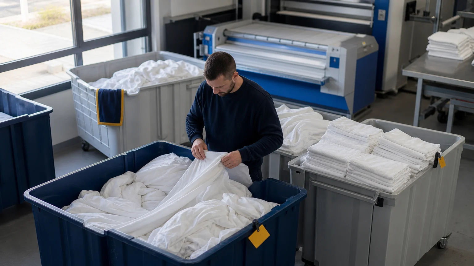 Opérateur triant du linge hôtelier dans un atelier professionnel