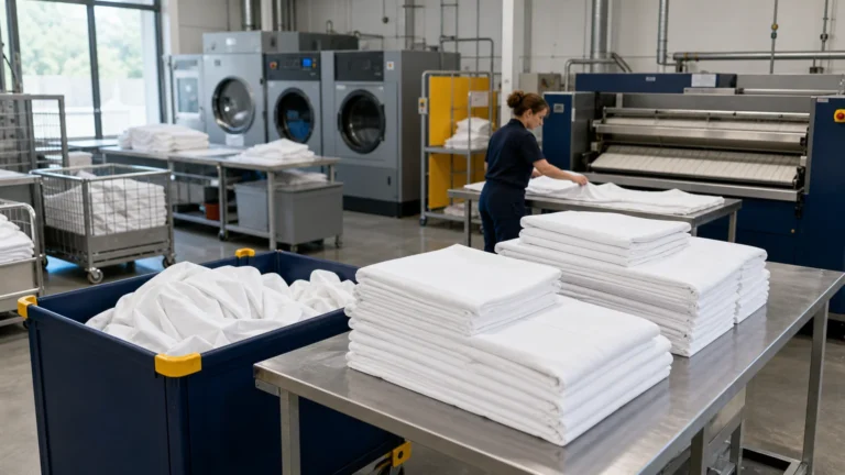 Atelier de blanchisserie professionnelle avec linge hôtelier plié en Île-de-France