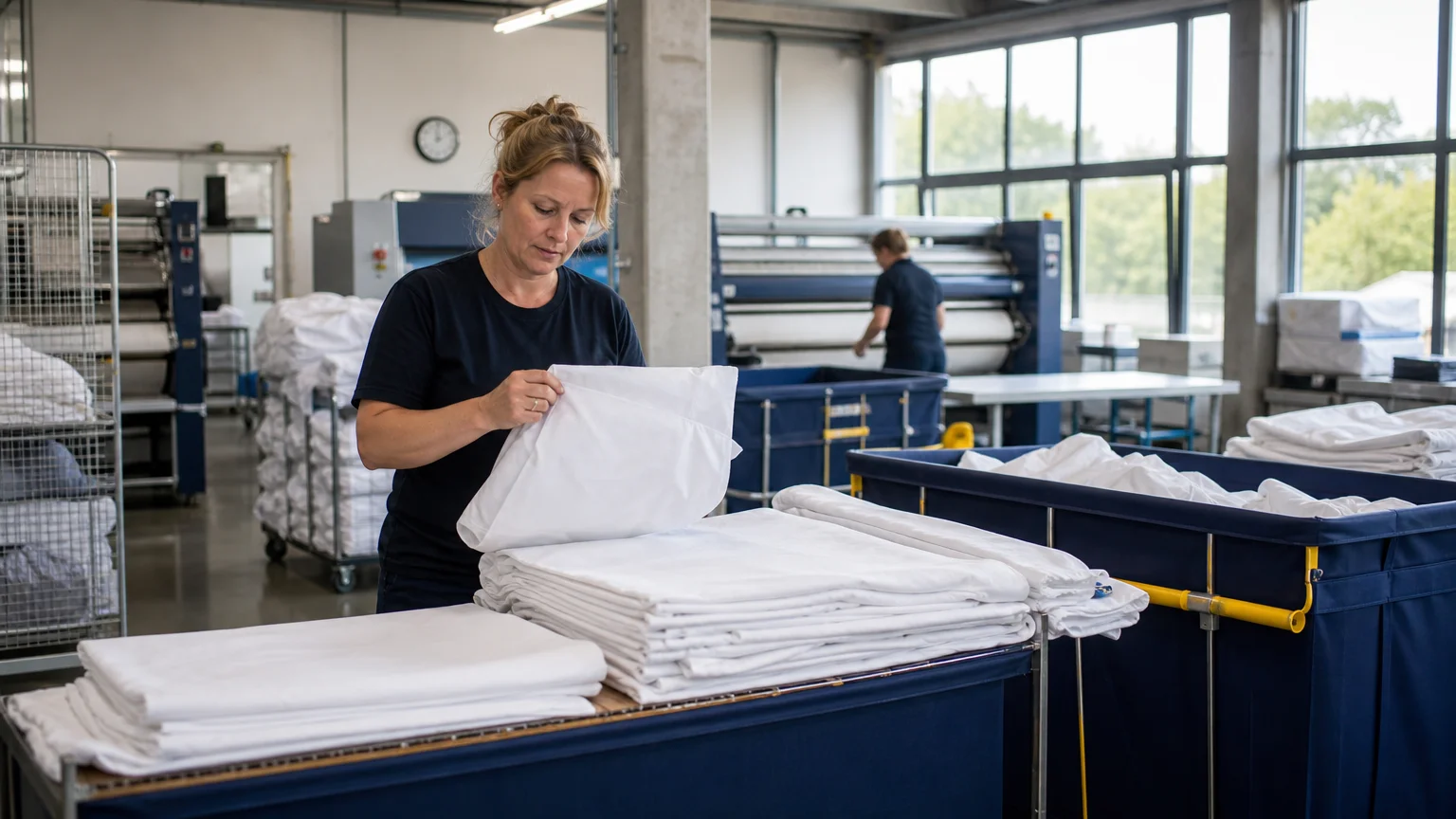 Contrôle de draps pliés dans un atelier de blanchisserie professionnelle en Île-de-France