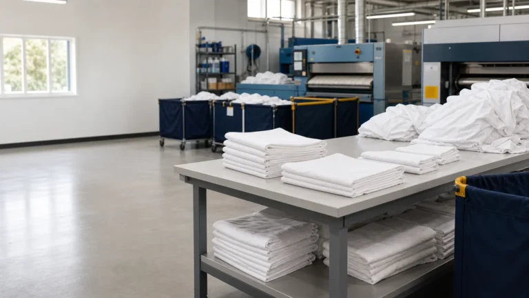 Atelier de blanchisserie professionnelle avec linge hôtelier plié en Île-de-France