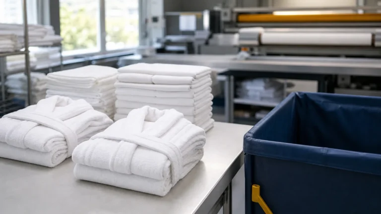 Peignoirs de spa blancs pliés dans un atelier professionnel en Île-de-France