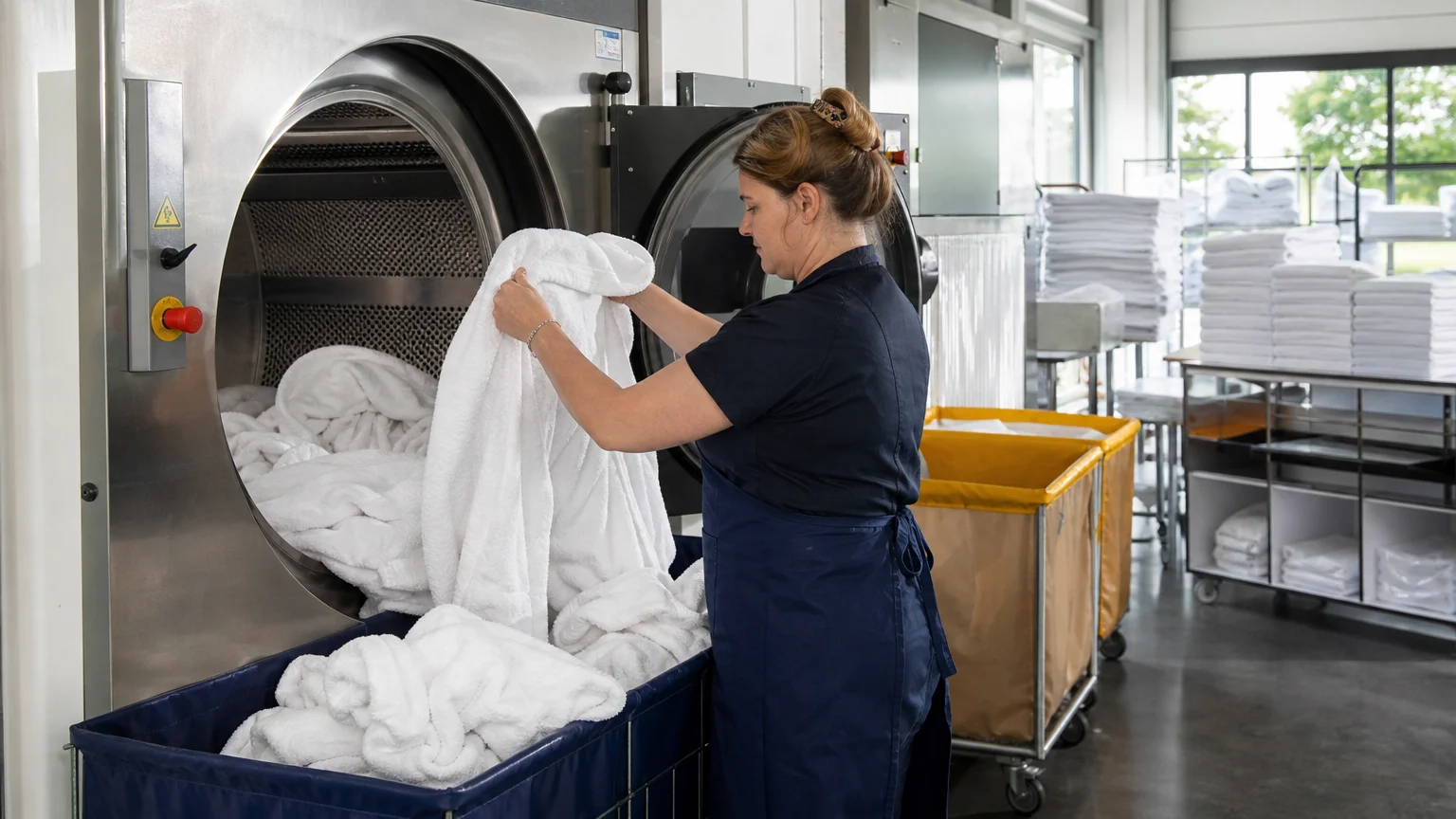 Contrôle de peignoirs dans un atelier de blanchisserie professionnelle en Île-de-France