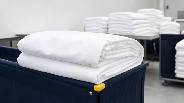 Housse de couette blanche pliée dans un atelier de blanchisserie professionnelle