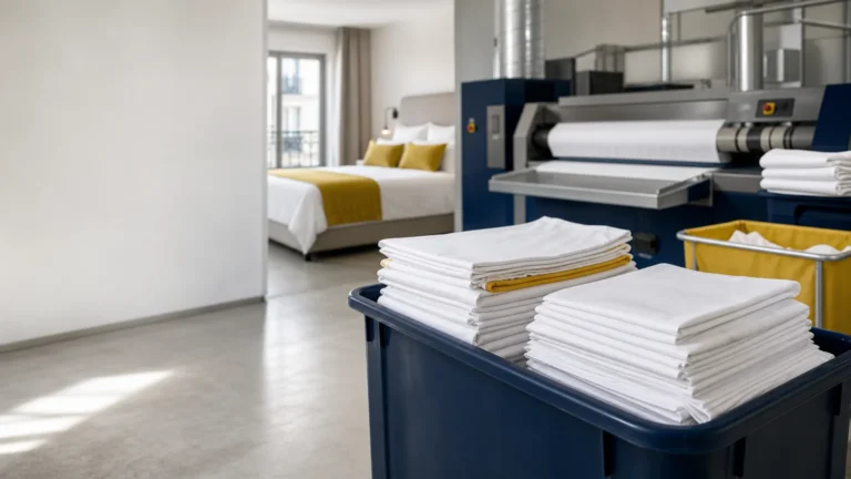 Atelier de blanchisserie professionnelle et lit préparé pour une location saisonnière en Île-de-France