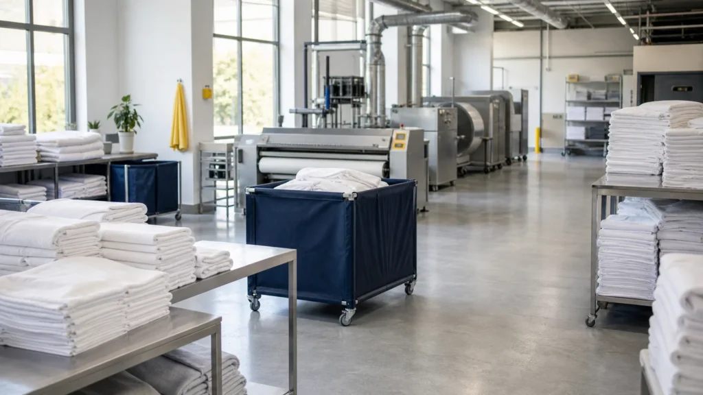 Atelier de blanchisserie professionnelle avec linge hôtelier pour Airbnb