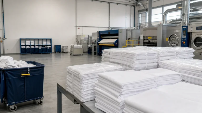 Atelier de blanchisserie professionnelle avec linge hôtelier plié en Île-de-France