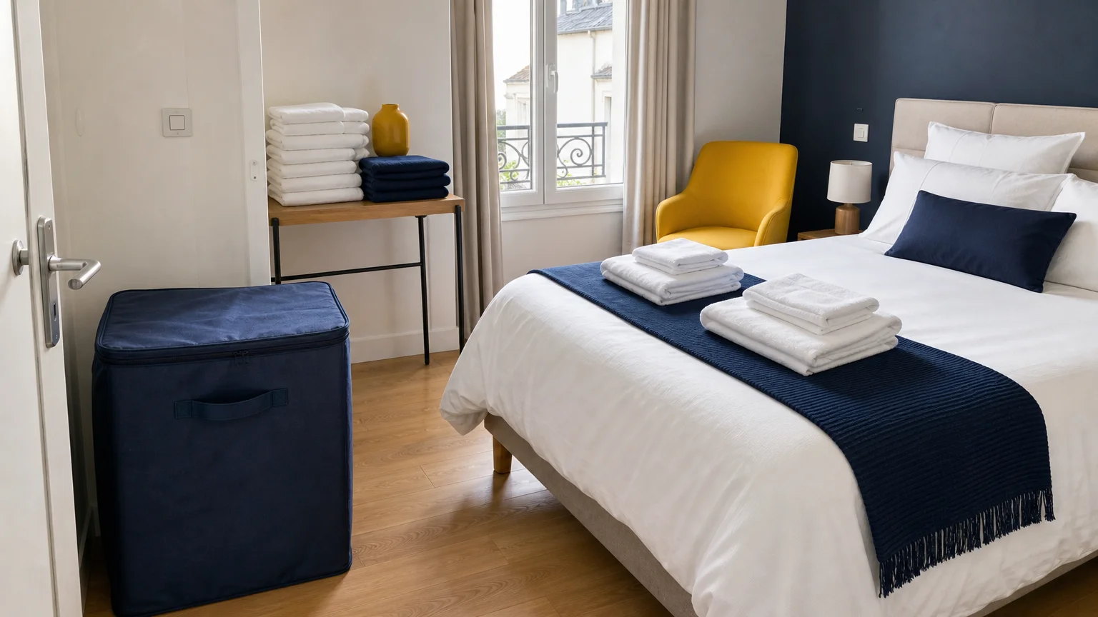 Lit préparé et linge conditionné pour une rotation de location saisonnière