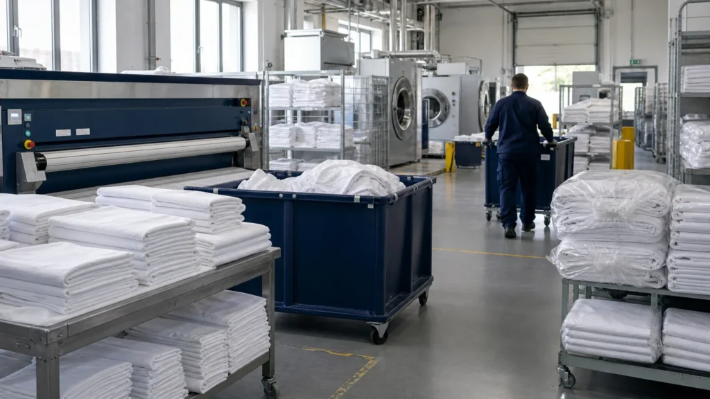 Atelier professionnel de blanchisserie pour linge grand format en Île-de-France