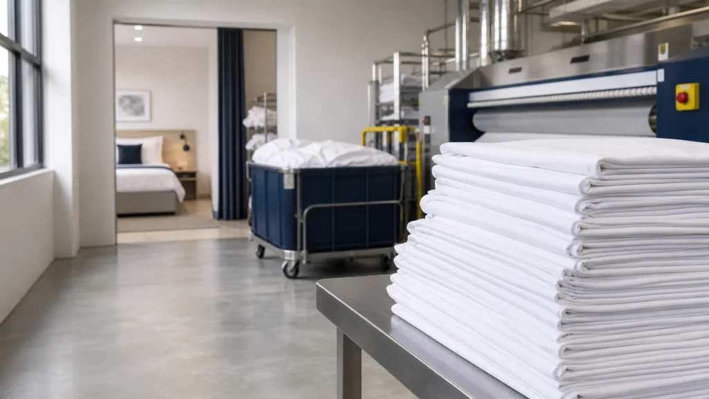 Atelier de blanchisserie professionnelle avec linge hôtelier blanc et lit préparé pour une location saisonnière en Île-de-France
